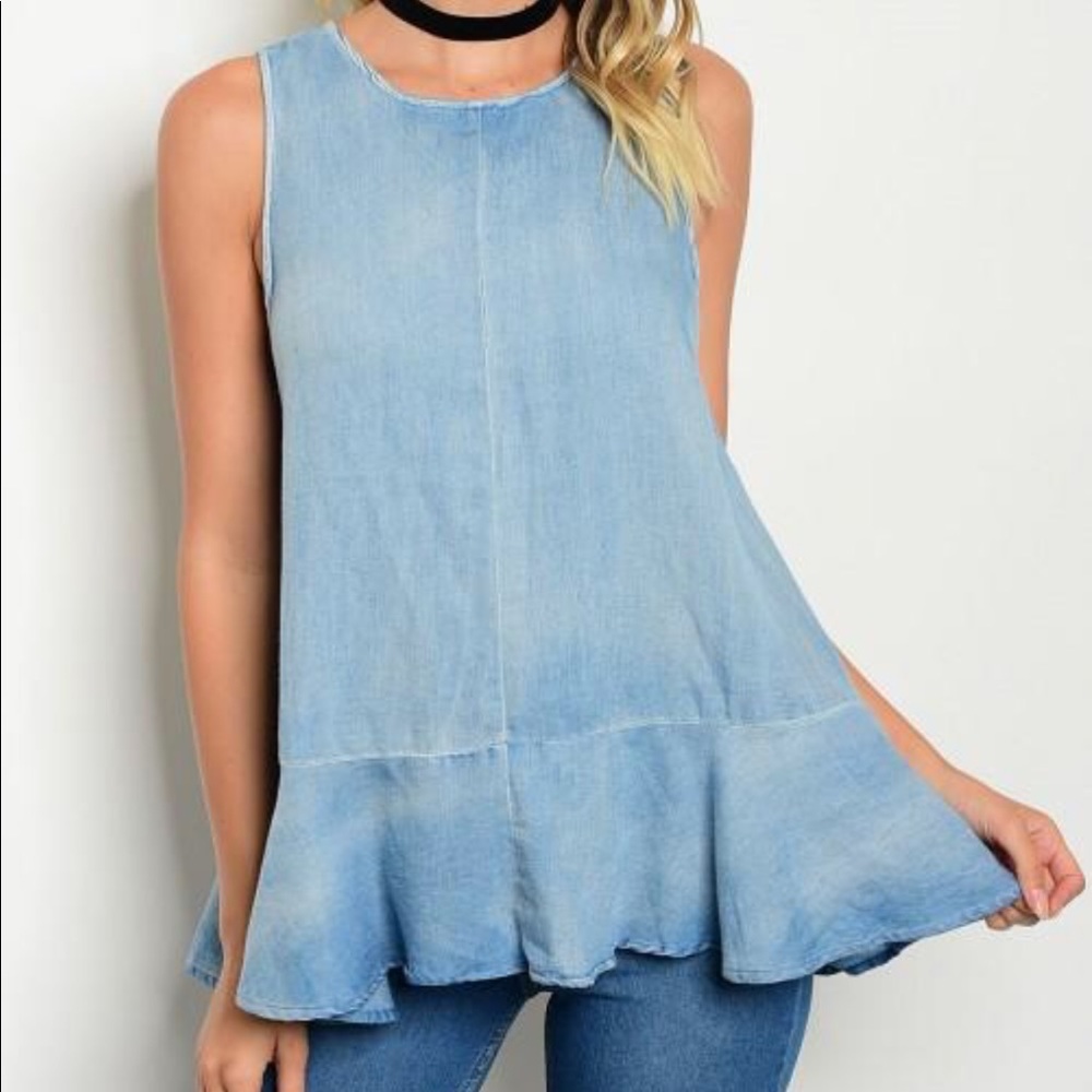 Denim Ruffle Hem Tank Top Zip Back